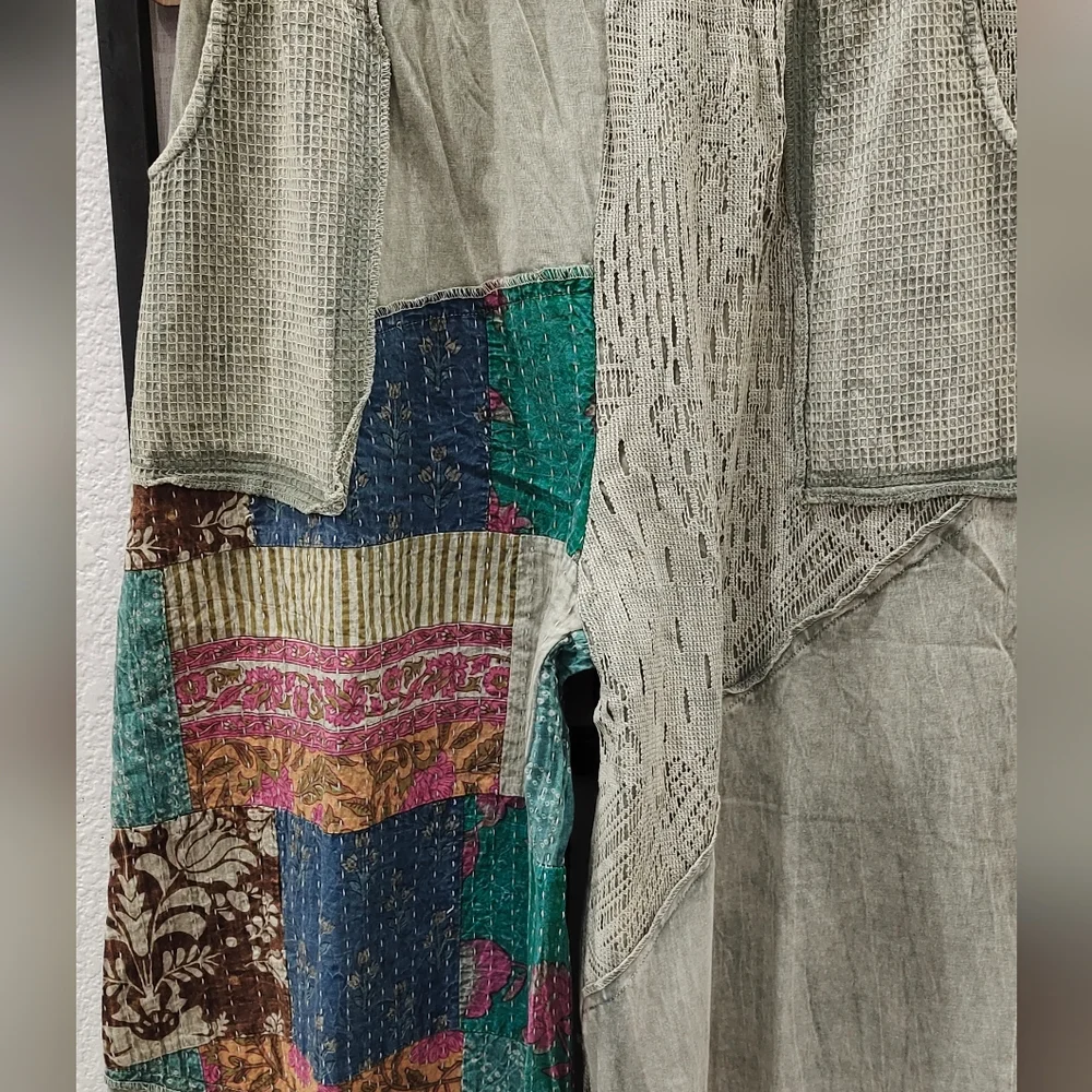 POL Wide Leg Patchwork Pants in Teal and Olive - Picture 3 of 8
